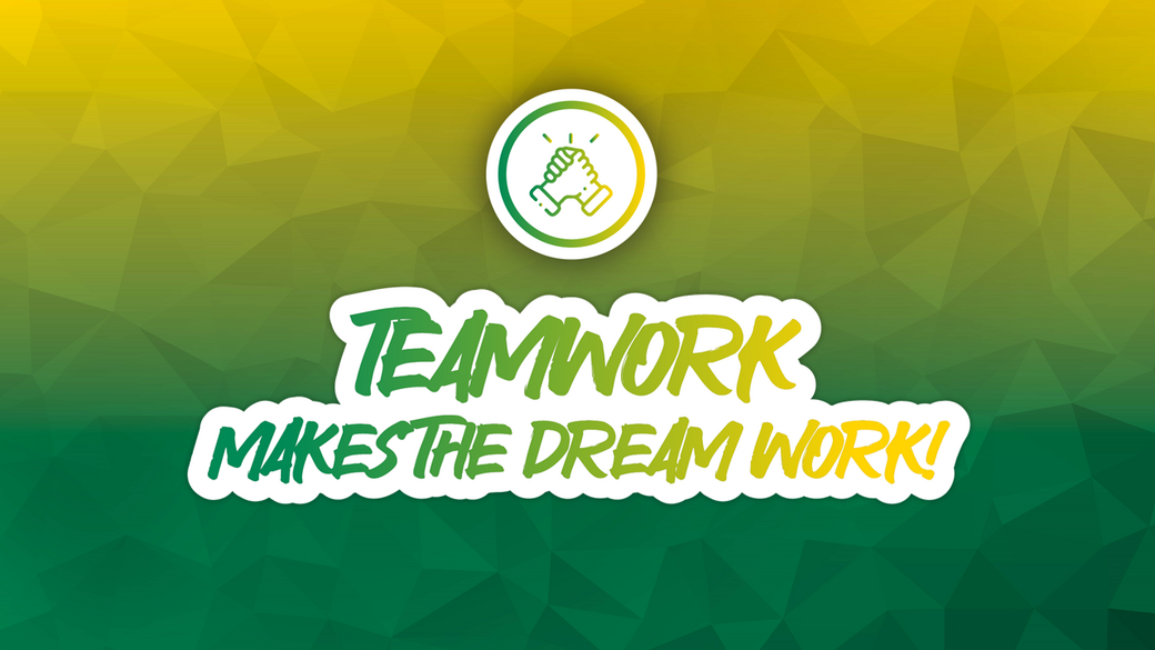 NOSTA HIntergrund in gelb-grün mit dem Icon für Team work makes the Dreamwork