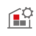 Ein grau-rotes Icon auf weißem Hintergrund, dass ein Haus mit Quadraten und einem Zahnrad zeigt