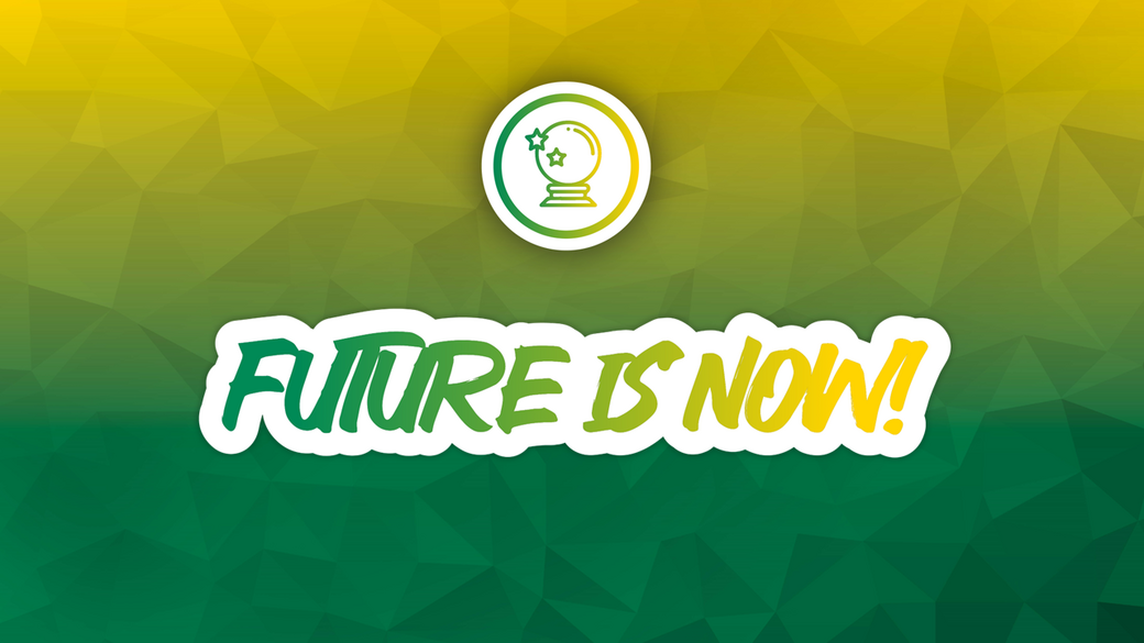 NOSTA Hintergrund Future is now mit Glaskugelsymbol und Farbverlaub von gelb zu grün